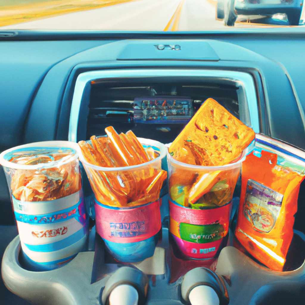 A variety of delicious snacks in a car cup holder